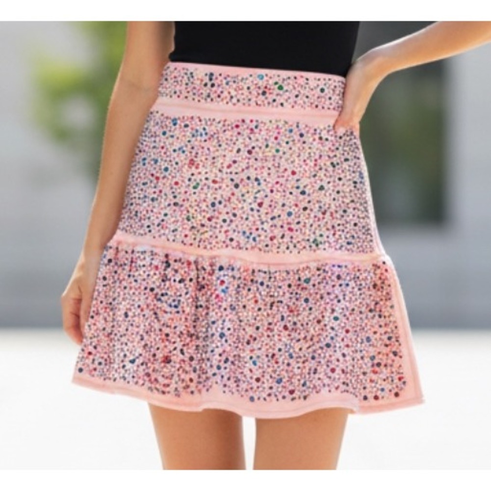 NWT Queen of Sparkles PINK FLEECE TIERED SKIRT Colorful Rhinestones Dots SIZE S
